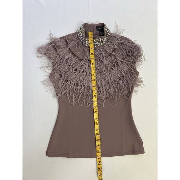 Gracia Taupe Stretch Short Sleeve Blouse with Ostrich Feather Trim Women’s S - Picture 10 of 12